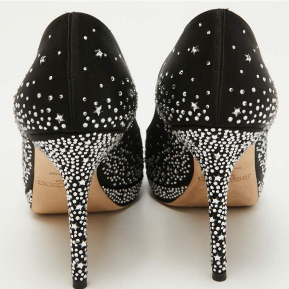 $1385 JIMMY CHOO “THE DALI Swarovski Jewel Platform Satin Peep Heels 37.5 NWT - Picture 5 of 16